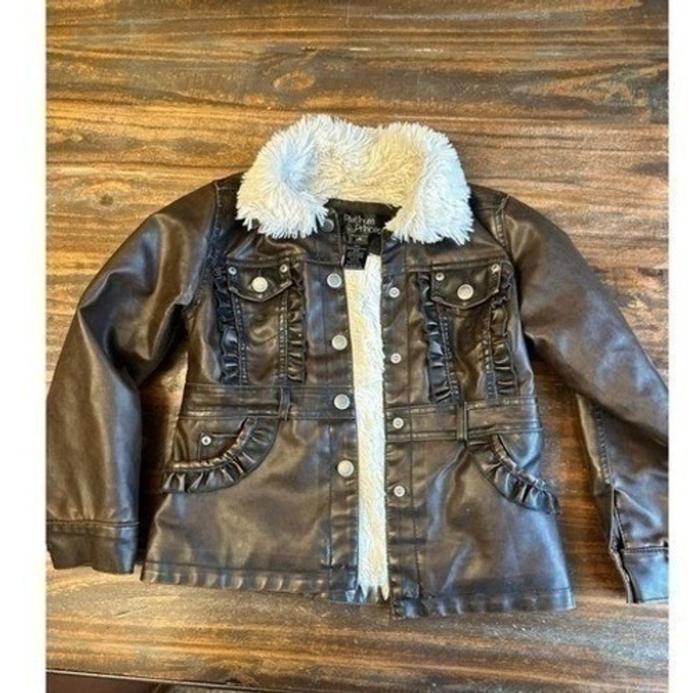 Platinum Princess  Moto Faux Leather Jacket Brown Faux Fur Lined Girls Sz  6X